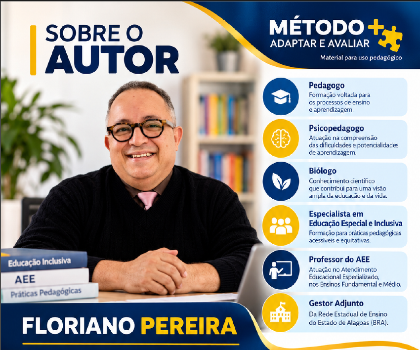 Floriano Pereira — pedagogo, psicopedagogo, biólogo, especialista em Educação Especial e Inclusiva, professor do AEE nos Ensinos Fundamental e Médio e gestor adjunto da Rede Estadual de Ensino de Alagoas